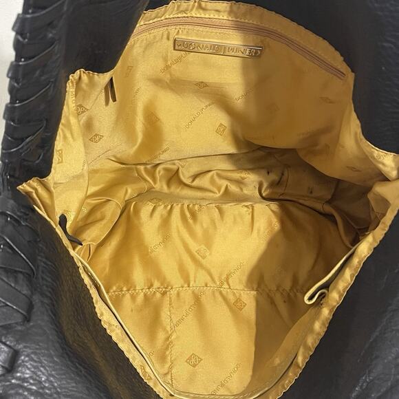 Donald J Pliner Braided Woven Trim Hobo Bag Black Leather Large Boho Flaws - Picture 8 of 16